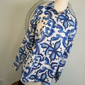 Mario Romano Womens Linen Shirt Made Italy Button Down Shirt White Blue Medium M